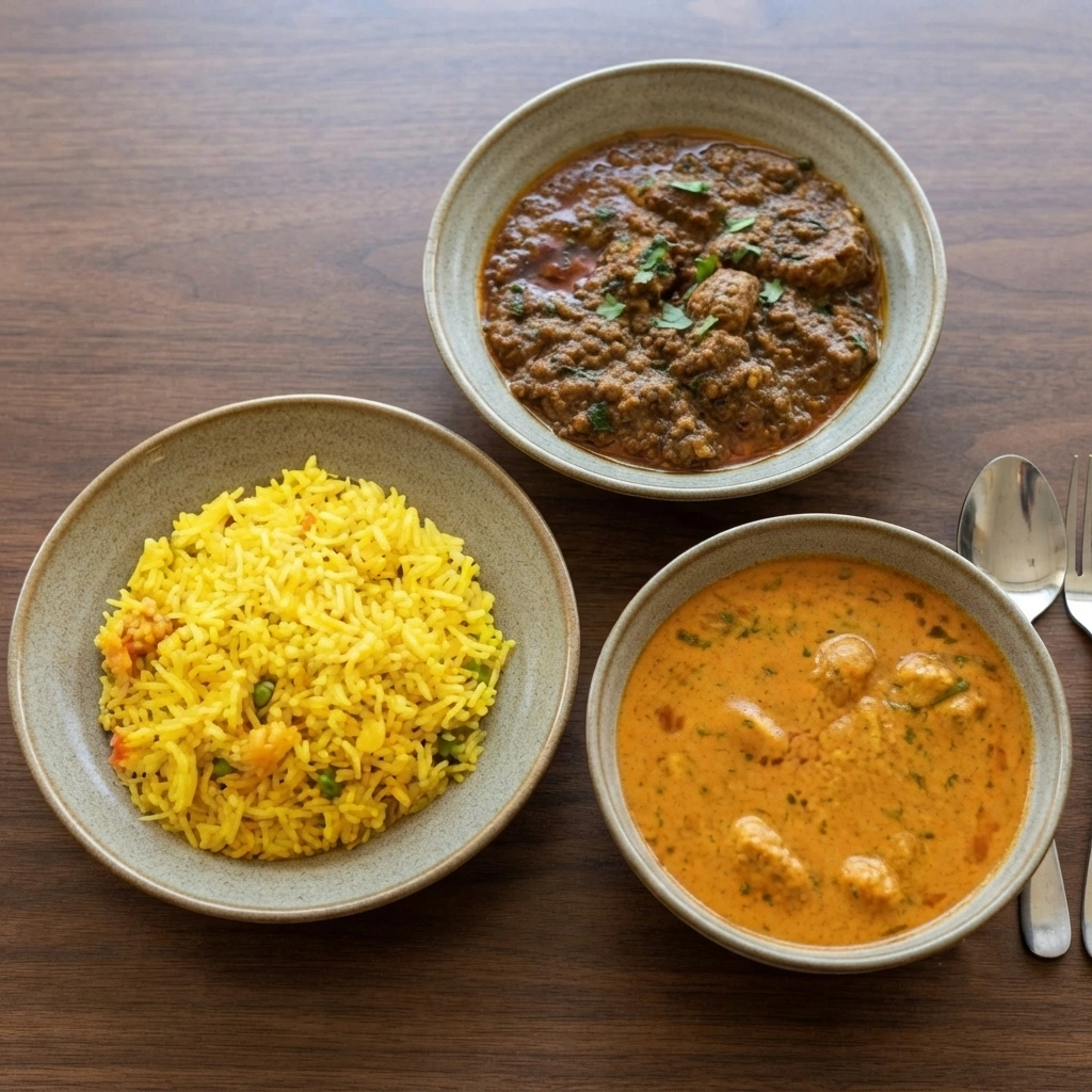 Indian curry served over long-grain basmati rice at Golden Curry, McPhillips Street, Winnipeg
