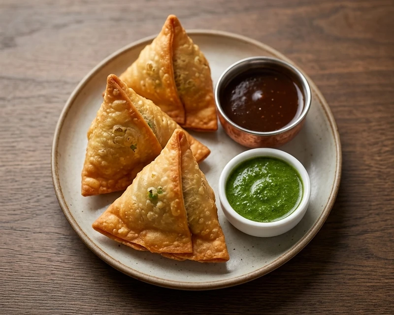 Hot, crisp vegetarian samosas at Golden Curry, Indian restaurant near Garden City, Winnipeg